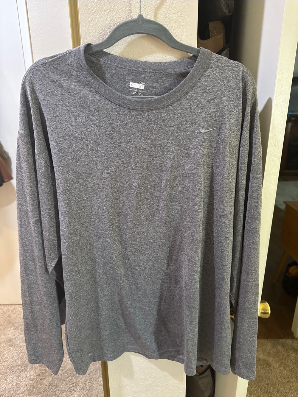 Nike Men’s Long Sleeve Gray Dri-FIT Tee - Swoosh Chest Logo